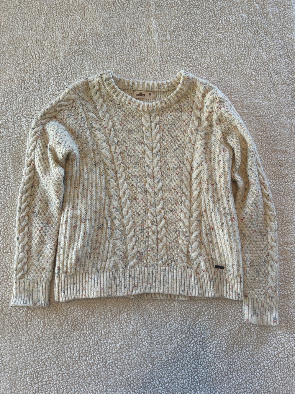 Hollister Cream Cable-Knit Crew Sweater with Multicolor Flecks